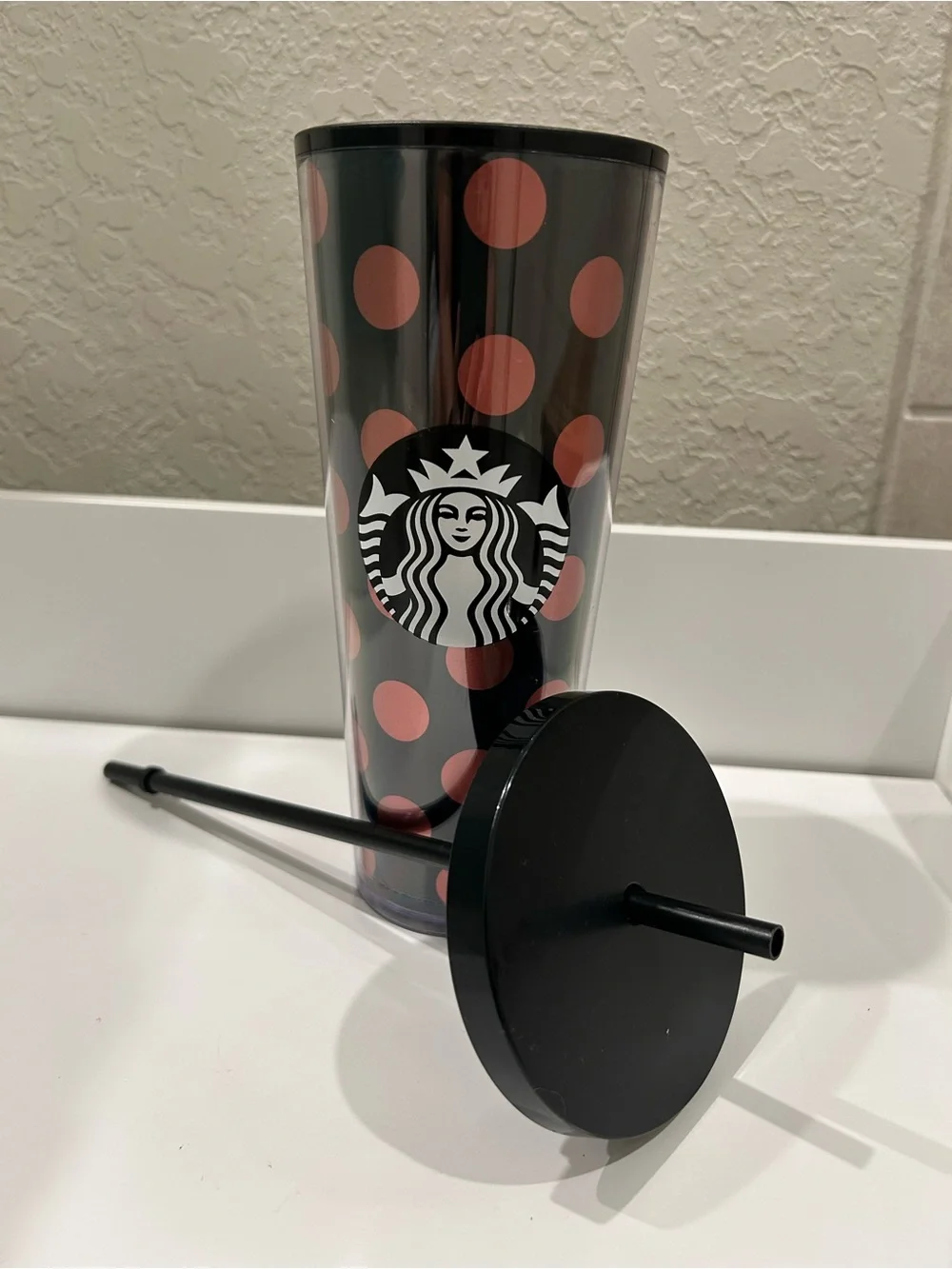 Starbucks Black Tumbler with Pink Polka Dots and Straw
